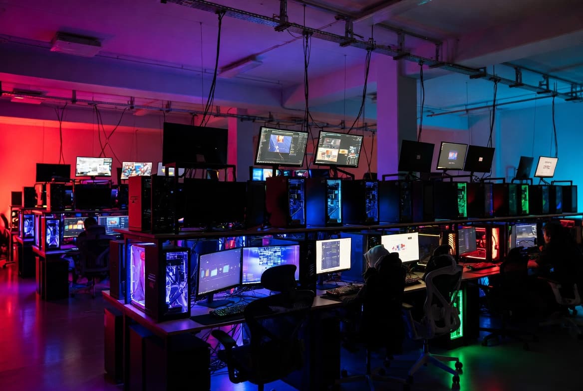 Gaming zone or high-density monitor setup with multiple systems