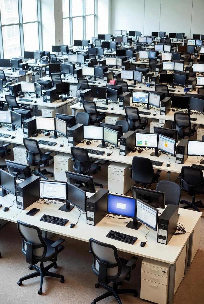 Large room with many computer desks and monitors installed